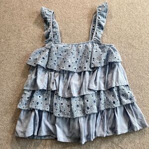 J by JOA Ruffle Eyelet Layered Tank Top Women's X-Small Blue Sleeveless